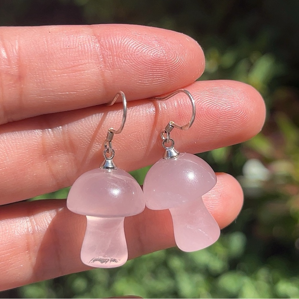 Silver plated rose quartz mushroom‎ earrings